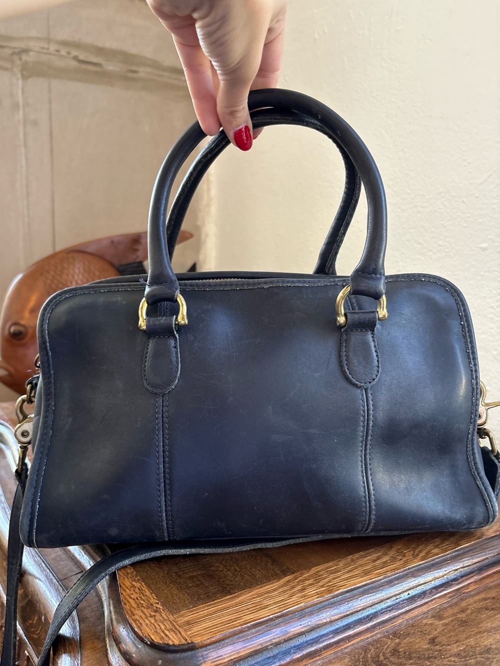 Vintage navy blue Leather doctor bag Satchel Handbag - Gold Hardware